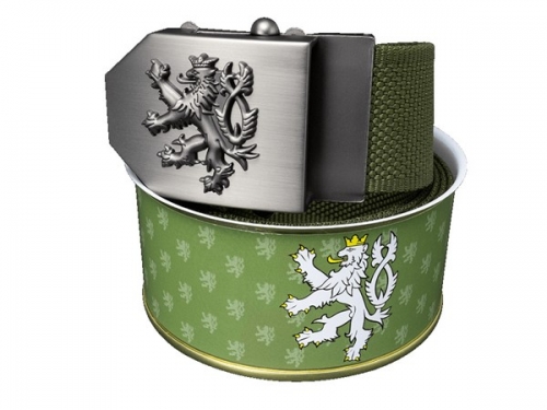 Opasek s českým lvem textilní khaki - dárkové balení