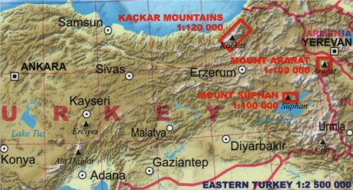 Turecko nejvyšší vrcholy - mapa